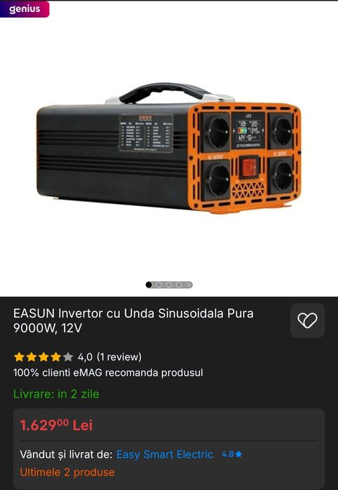 Invertor EASUN Pure Sine Wave 12V - 9000W Peak / 3500W Continuu - NOU