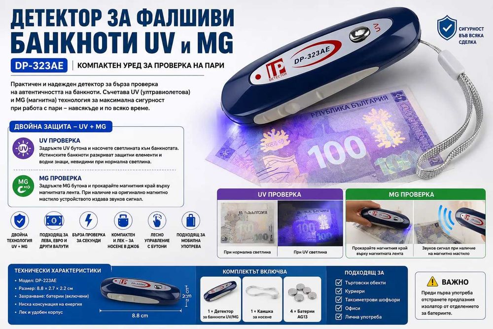 Портативен UV и MG Детектор за Фалшиви Банкноти DP-323AE – Проверка на Пари, Документи и Магнитно Мастило