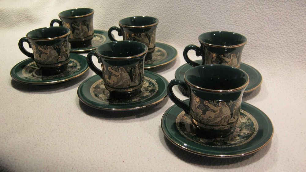 Set 6 piese,CESTI CAFEA,portelan Grecia placat cu aur 24K