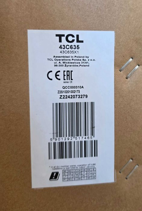 Смарт телевизор TCL QLED 43C635, 43" (108 см), Smart Google TV, 4K Ultra HD НОВ!!!