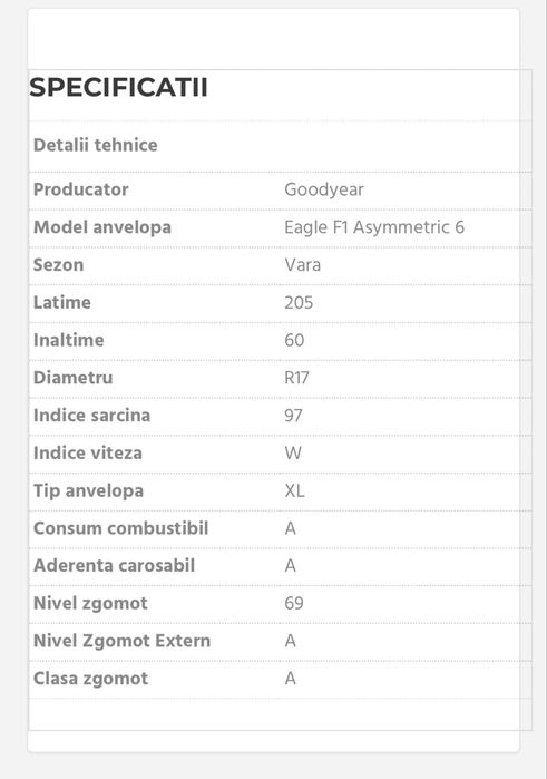 Anvelope NOI 205/60 r17 97W AO Good Year eagle F1 asymmetric 6