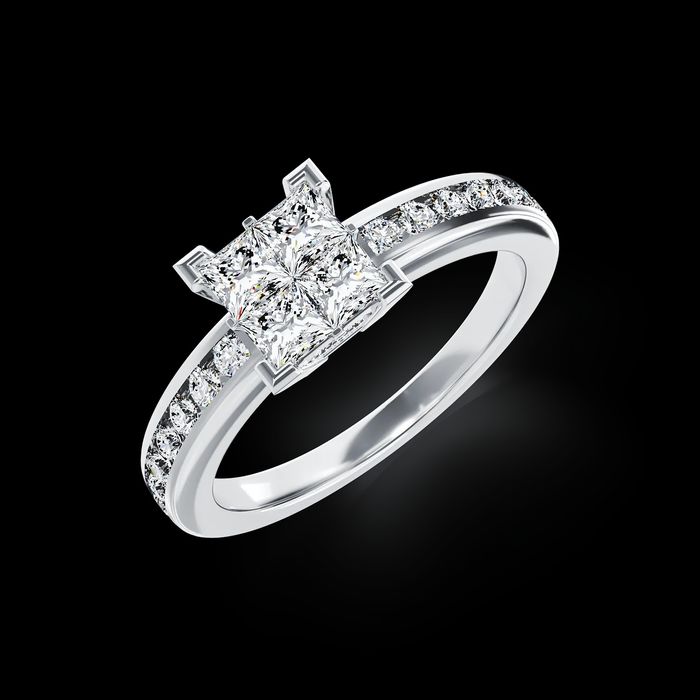 Inel Teilor Princess cut cu 26 diamante aur alb de 18K cu 26 diamante