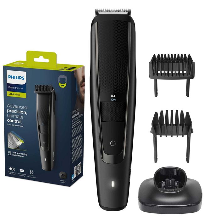 Aparat de tuns barba PHILIPS BT5515/20, Lame din otel inoxidabil 0.4-20mm, utilizare cu si fara fir, 90 min, 2 piepteni, suport de incarcare, Negru