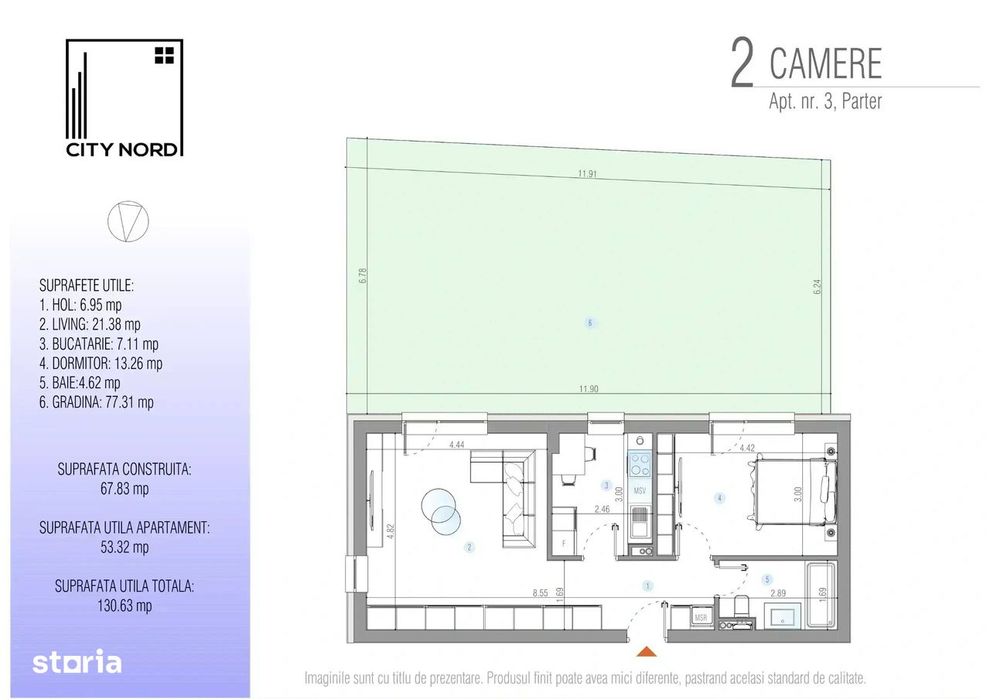 Apartament 2 camere cu curte privata 77 mp, Proiect nou, CITY NORD