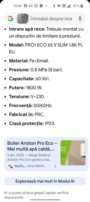 Boiler electric ariston 60 litri.