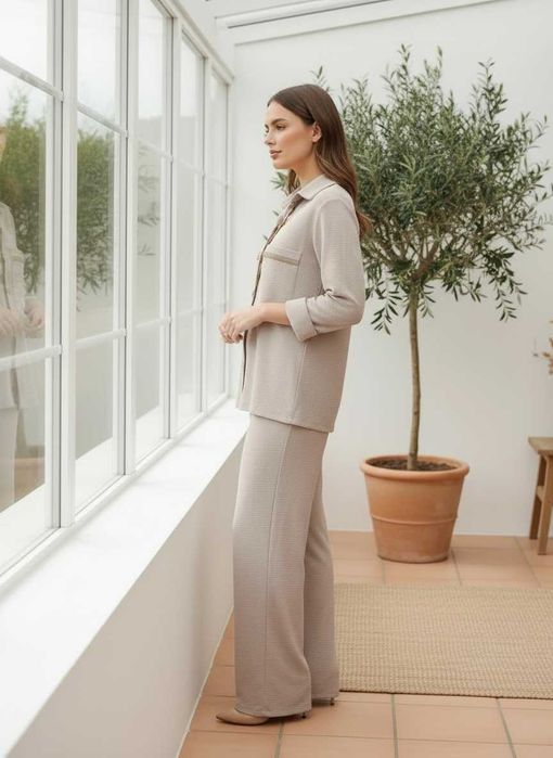 Дамски комплект риза и панталон цвят мока – елегантен сет с ластик, ръчна изработка XS/S/M