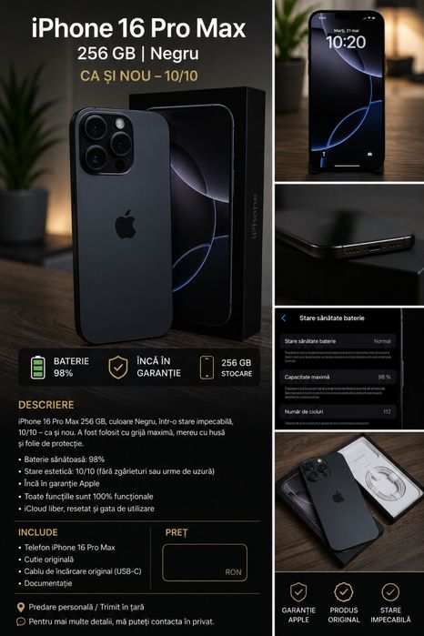 iPhone 16 Pro Max 256 GB – Negru | Ca nou 10/10