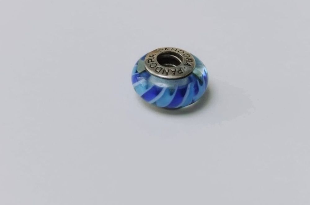 Vechi charm Pandora ALE, original, argint 925, Blue Stripes, sticla de Murano, cod 790611, model retras