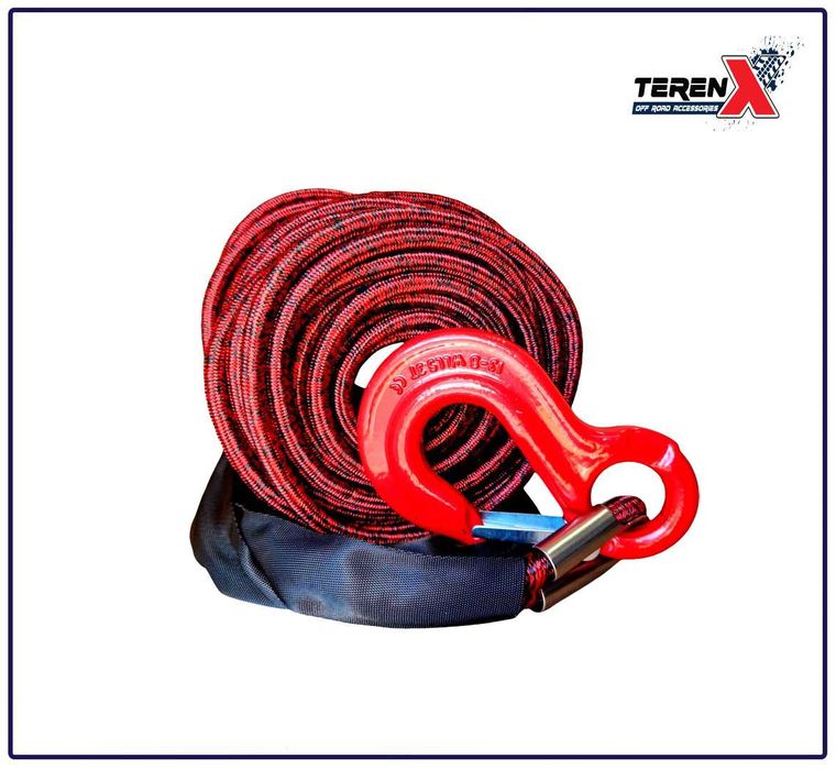 Șufă sintetică dublă 12mm x 28m pentru troliu, cu cârlig și protecție