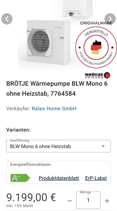 Нова термопомпа Brötje BLW Mono 6 6 kW – комплект външно + вътрешно тяло