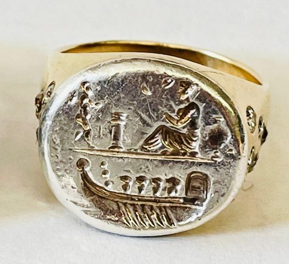 Inel aur 14 k cu diamante naturale 0,5 kt si moneda Grecia antica