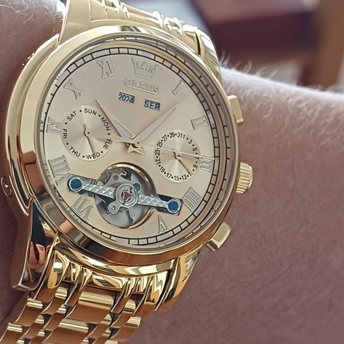 Olevs Автоматик Скелетон,HD Светещ, Календар, Мултифункционален,3 ATM