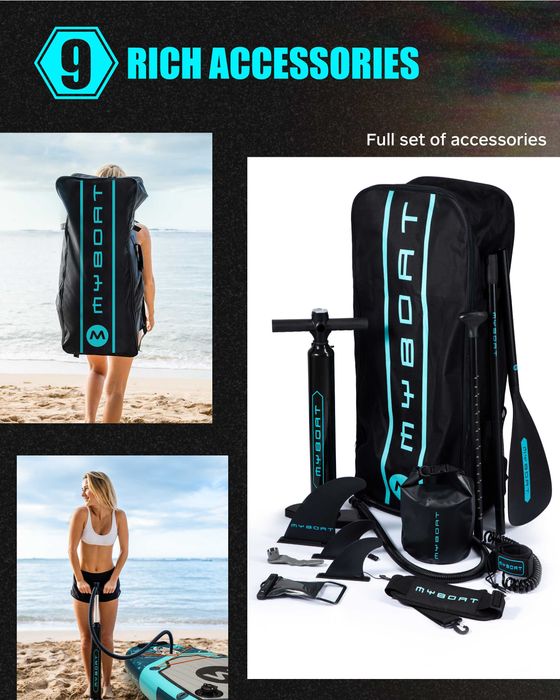 Нов, висок клас, широк 350 СМ надуваем падъл борд all-round SUP MYBOAT MY02 (Bass Hunter PRO) в тюркоазено-черен дизайн.