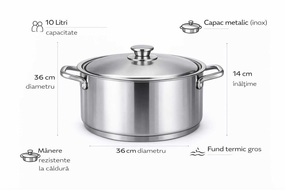 Cratita inox Royalty Line 10L cu capac metalic 36x14 cm