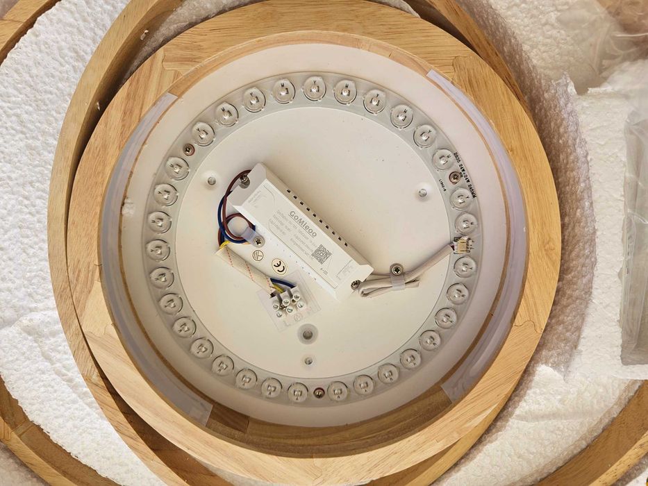 Plafonieră LED Ø52 cm, 2 inele, dimabilă, telecomandă, lemn natural stejar