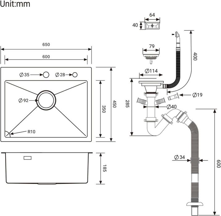 Chiuvetă de bucătărie, 60,5 x 43,5 cm neagră Auralum