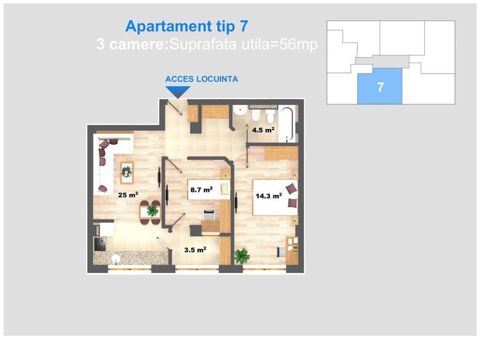 Inchiriere Apartament 3 cam et 1 PF
