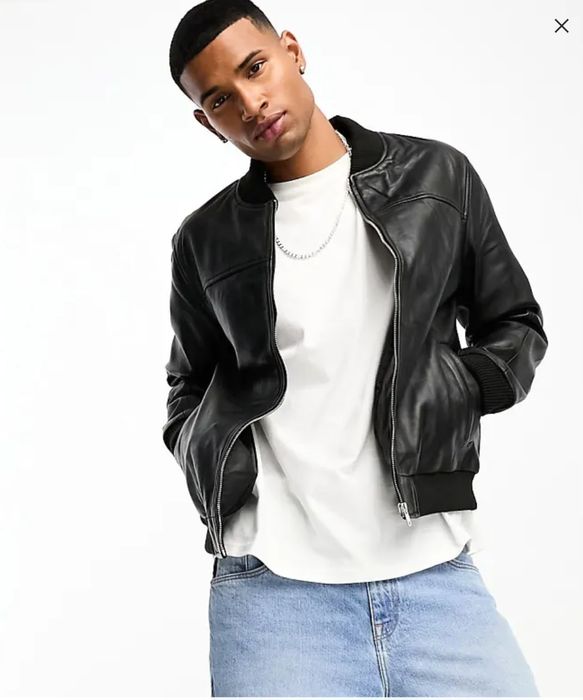 Мъжко кожено яке XL черно бомбър спортно елегантно късо цип джобове естествена кожа на  Bolongaro Trevor.