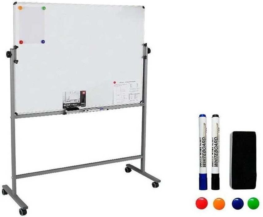 Доска бел.с подставкой на колесах, 2-стор.магнит. 90*150см, Deli Е7883