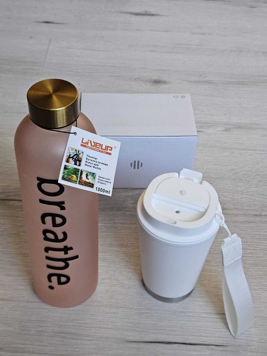 Set sticlă apă 1L + cană termos - NOI