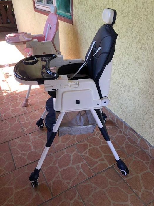 Scaun de masa bebe 4 in 1.Varsta 6-72 luni, Scaun inalt pliabil,4 roti silicon, 2 x Tava detasabila, Centura de siguranta in cinci puncte