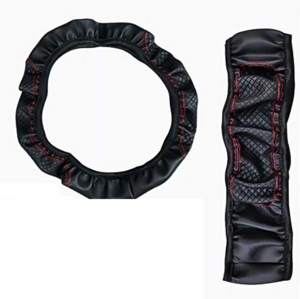 Универсален калъф за волан 37–38 см PU кожа черен с червени шевове