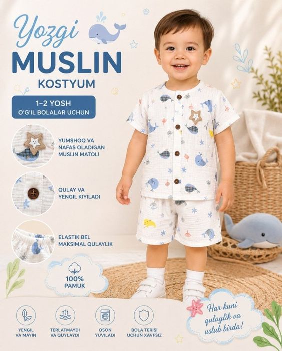 Yozgi Muslin Kostyum – 1-2 yoshli o‘g‘il bolajonlar uchun!