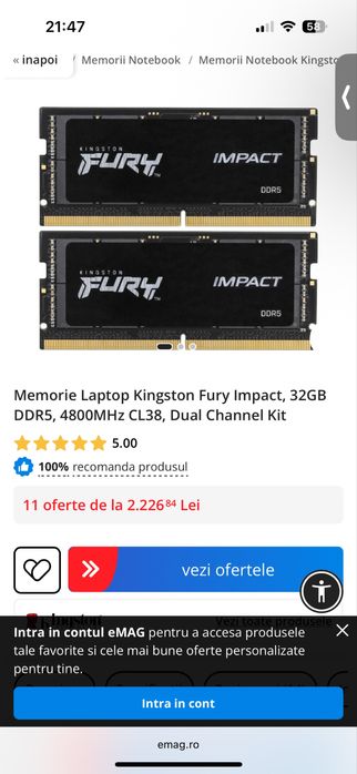 Memorie Laptop Kingston Fury Impact, 32GB DDR5, 4800MHz CL38