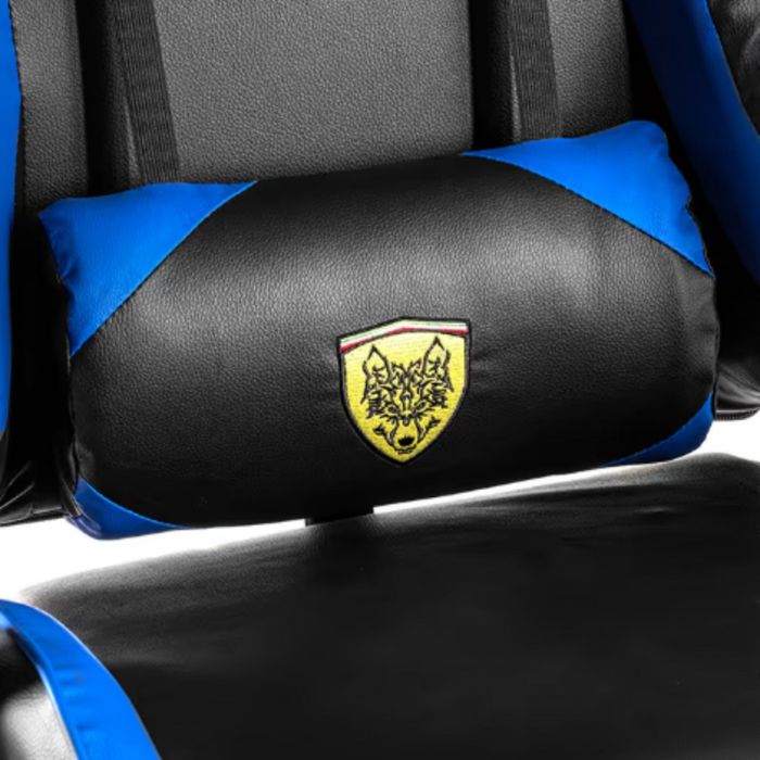 Геймърски стол с поставка за крака – черно-син, въртящ, с масажна функ