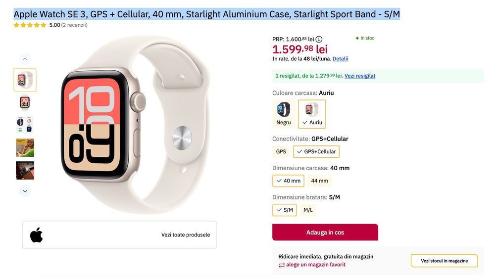 Smartwatch Apple Watch SE 3, 2025 GPS + Cellular, GSM 40 mm, Nou, Garantie Altex 2 A