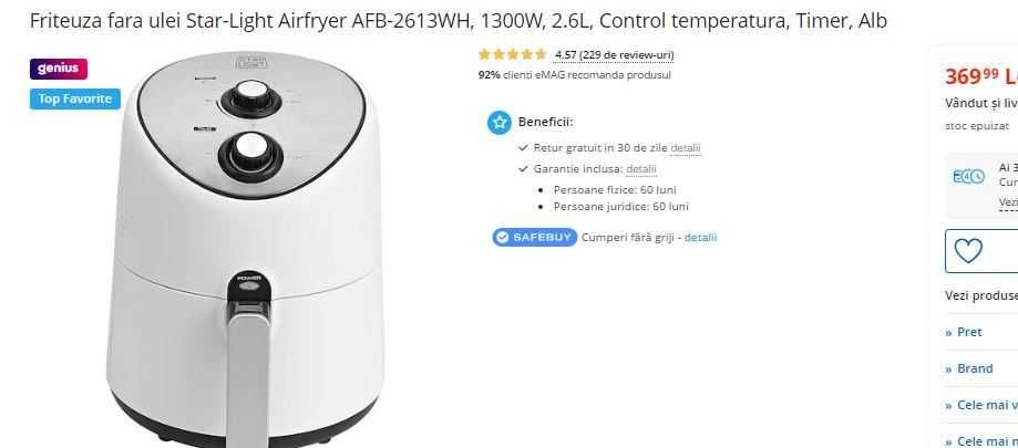 vand friteuza fara ulei Star Light 1300W, 2,6l