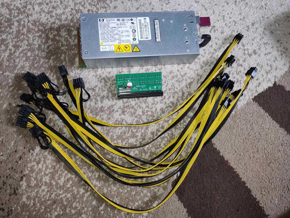 Захранване HP 1000W с 10 кабела с букси 6+2 пина и стартираща платка