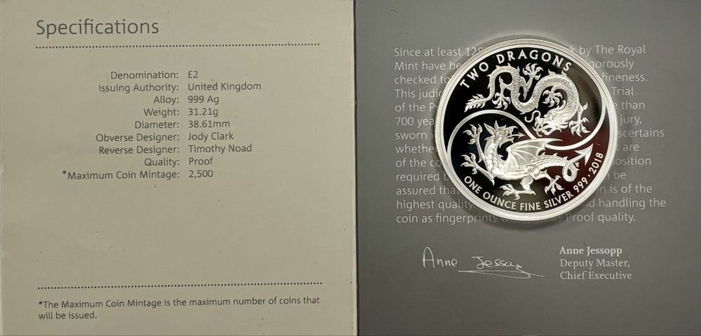 Monedă Argint 999 Marea Britanie 1 oz Two Dragons