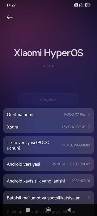 Poco x7pro 256talik 16versiya