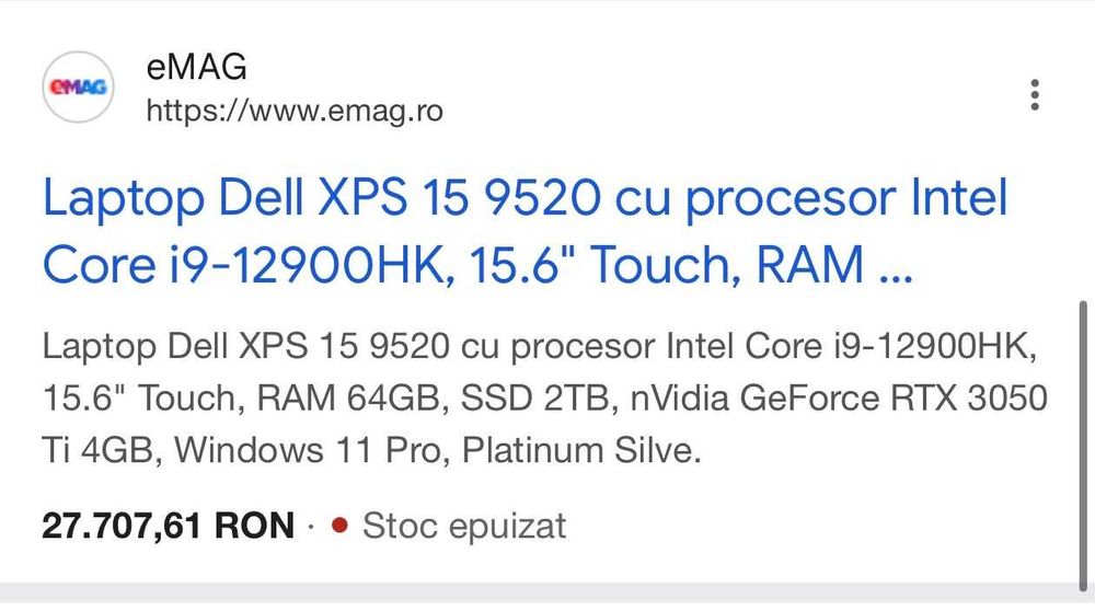 Firma - Dell XPS 15 9520 4K Touch i9-12900HK RTX3050Ti 32GB DDR5 1TB