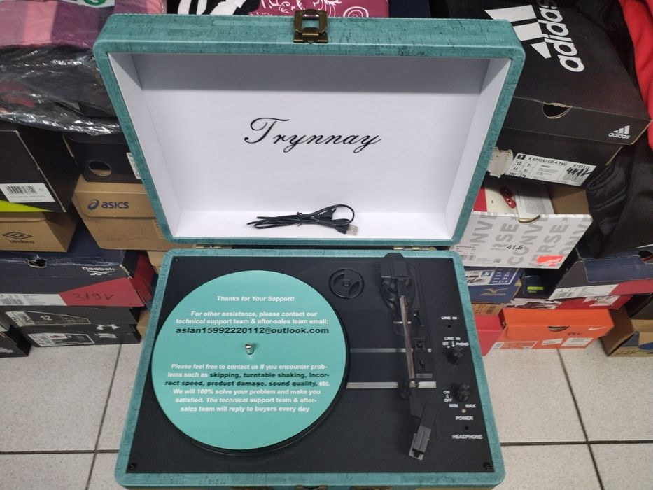 3-скоростен Bluetooth  винилов плейър, син с вградени високоговорители