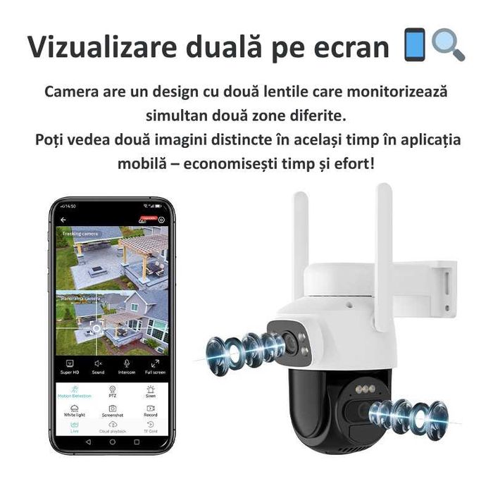 Cameră Supraveghere Duală WiFi cu 2 Lentile 6MP,Panou Solar 8W, 6000mA