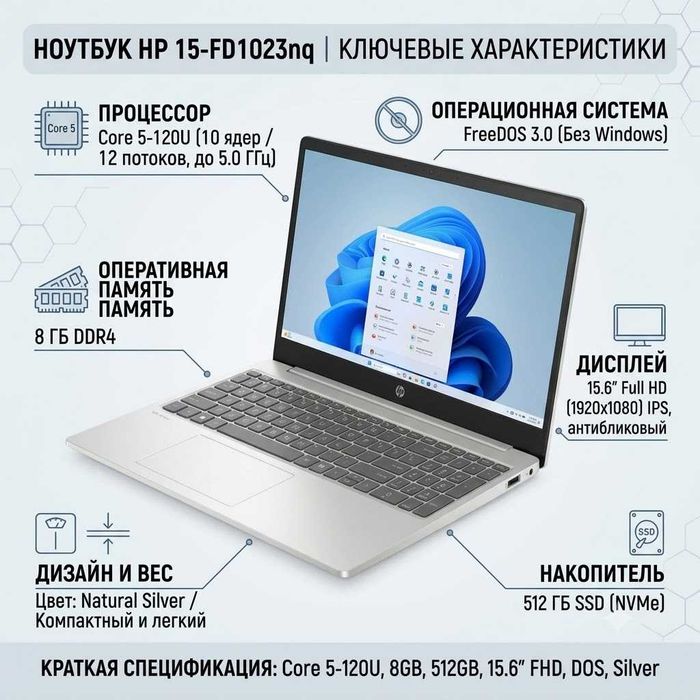 Ноутбук HP Intel Core 5-120U 8GB 512GB SSD 15.6" FHD Silver гарантия