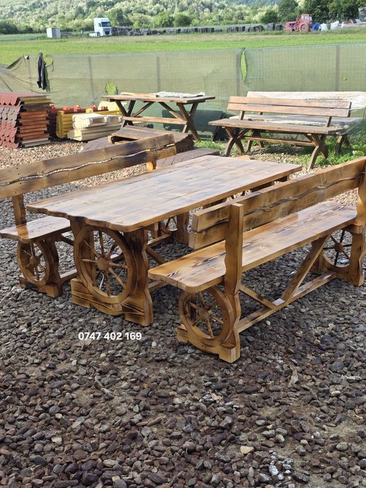 Balansoar  rustic  cu 2 leagăne  pentru copii  din lemn  masiv  set masa scaun