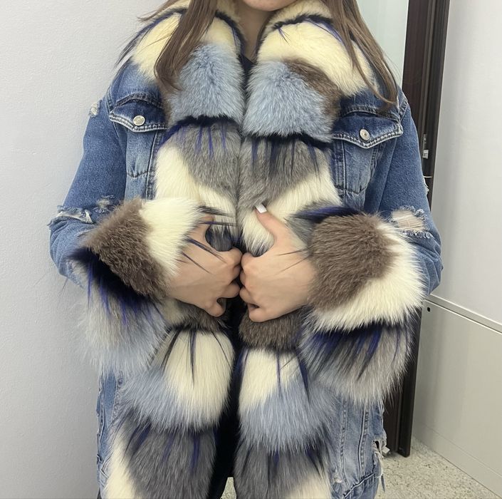 Geaca Dilvin Denim cu Blana Naturara de Vulpe- Detaşabilă