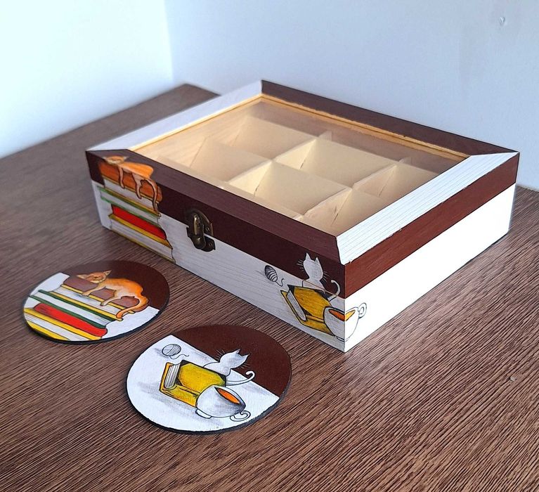 Ръчно рисувана дървена кутия за чай с очарователен мотив на котка
