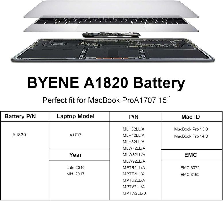 A1820 A1707 Батерия за лаптоп Macbook pro 15" A1707 2016/17 EMC 3162