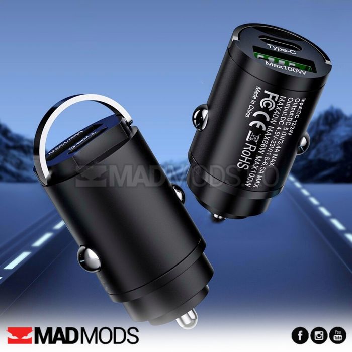 Incarcator auto mini slim Fast charge 100W, USB A si USB Tip C, Negru