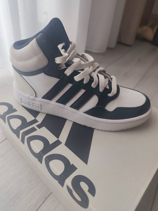 Pantofi sport mid-high din piele ecologica Hoops3.0, Alb, Negru stins,