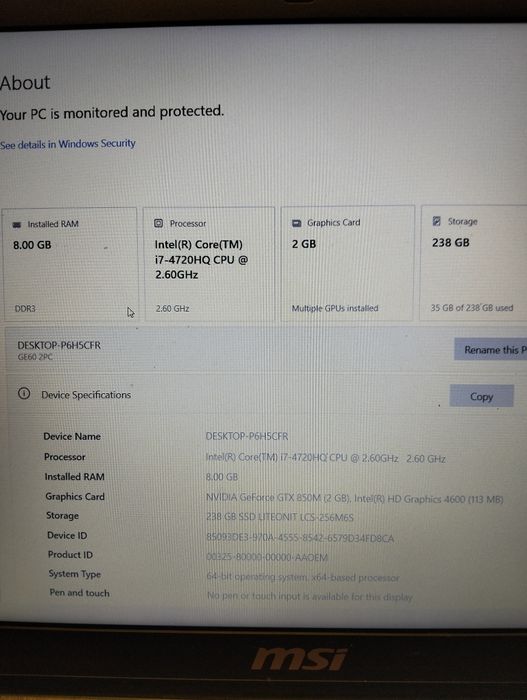 Laptop Gaming MSI Apache i7 ssd gtx