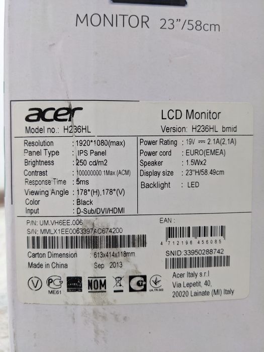 Acer H236HL  Монитор для Видеомонтажа и фоторедактирование IPS глянец