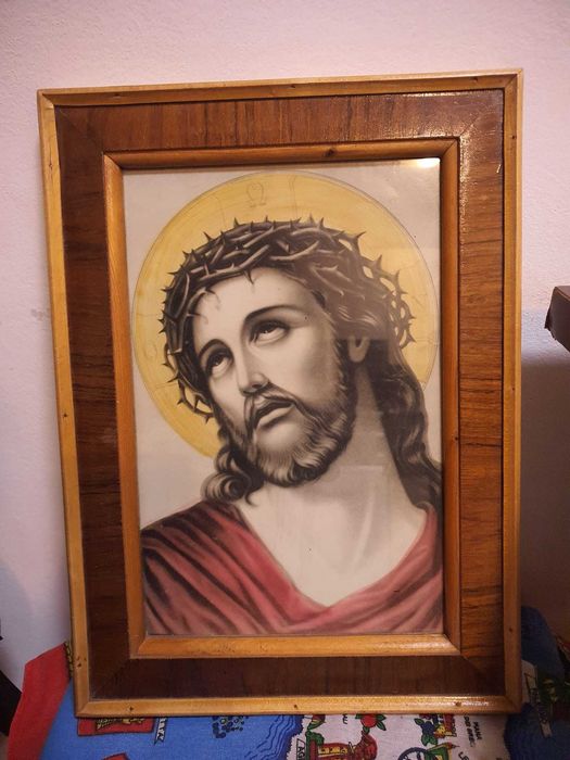 Tablou vechi religios Iisus Hristos– RAMĂ DEOSEBITĂ sculptată autentic