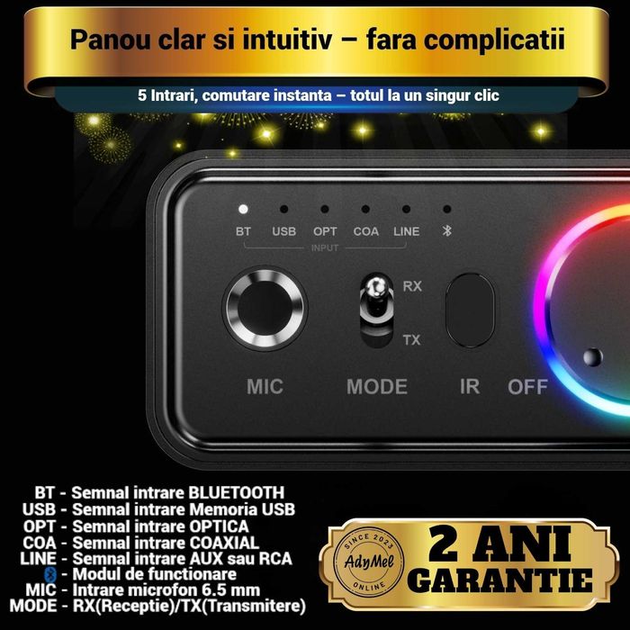 Adaptor Bluetooth 5.3 AdyMel®, Audio Profesional, HD Bass