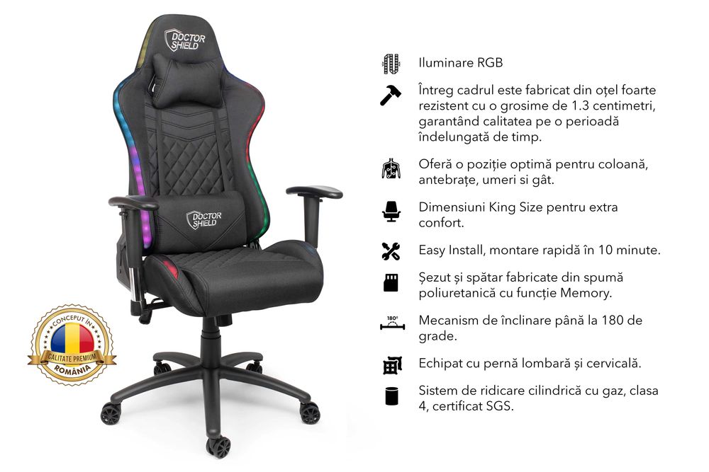 Scaun Gaming Dr.Shield Solar X, Iluminare RGB - Textil