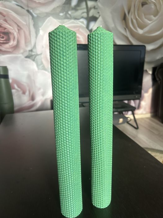 Set 2 lumanari verzi ceara albine pentru cununie / botez – aprox. 30 cm